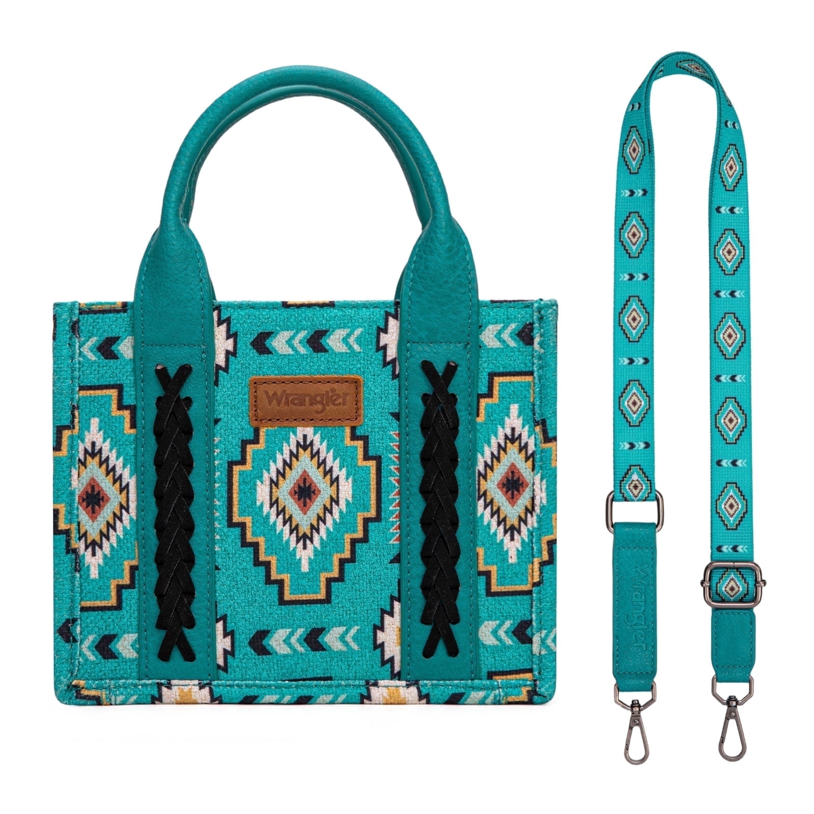 Wrangler Mini Aztec Tote Bag for Women Boho Small Top Handle Purse with Adjustable Strap, Turquoise