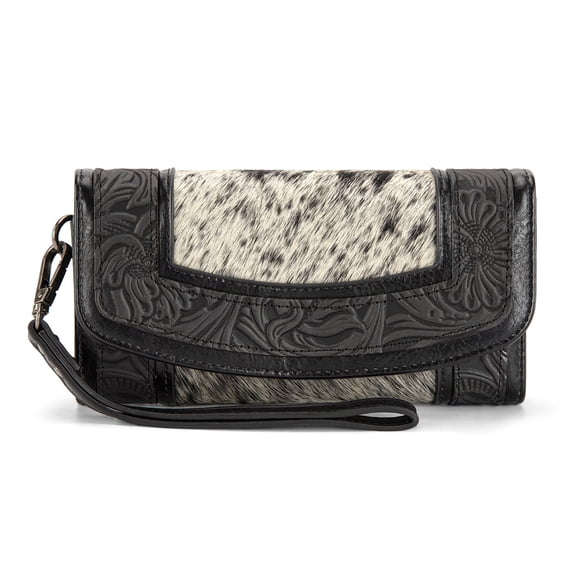 Montana West Wristlet Wallet for Women Western Floral Tooled Cowhide Large Trifold Purse with ID Window, Black
