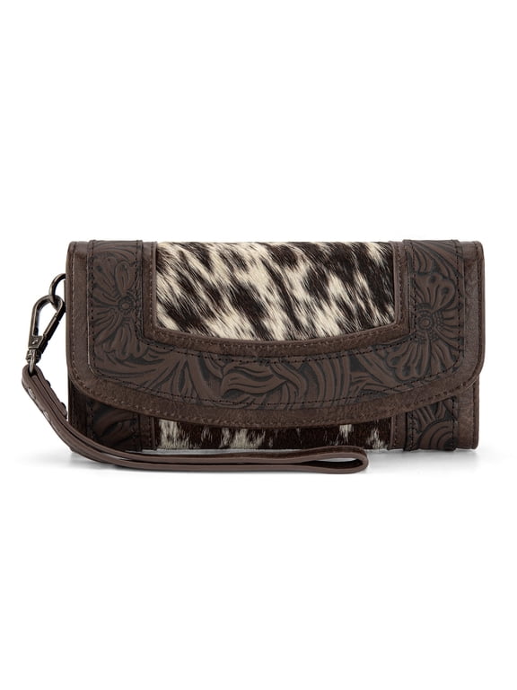Wristlet Wallet for Women Western Floral Tooled Cowhide Large Trifold Purse with ID Window, Coffee