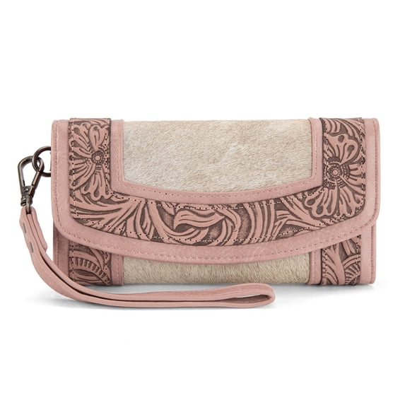 Montana West Wristlet Wallet for Women Western Floral Tooled Cowhide Large Trifold Purse with ID Window, Pink