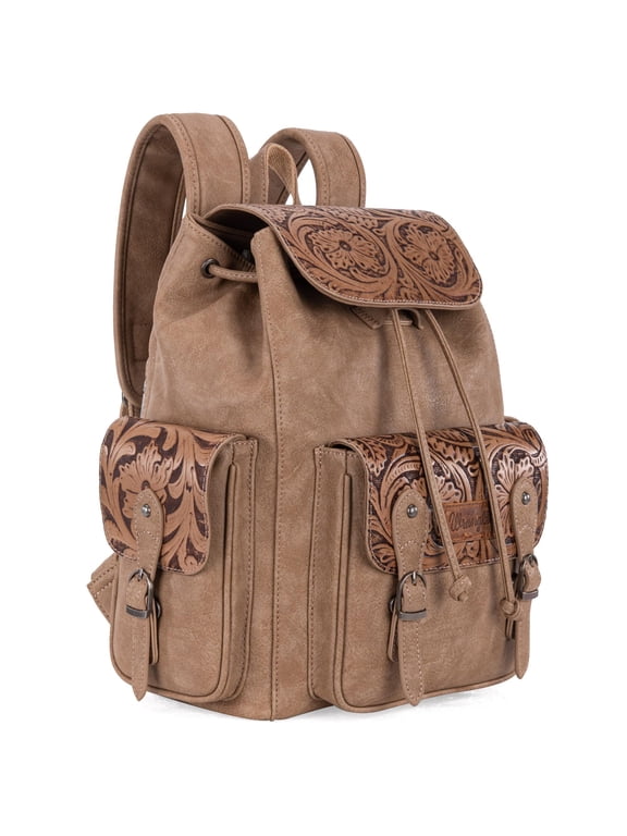 Wrangler Backpack Purse for Women Men Floral Tooled Designer Travel Bags, Carve-Khaki
