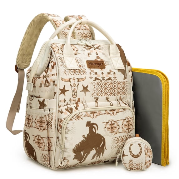 Wrangler Diaper Bag Backpack Western Backpack Purses with Changing Pad and Pacifier Case, Cow-Brown