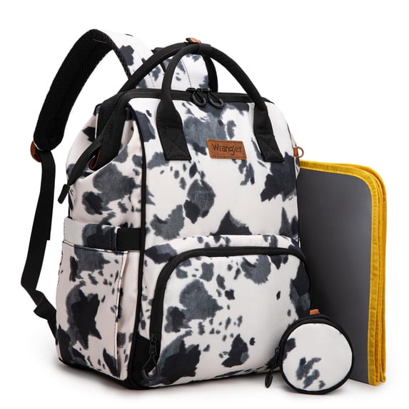 Wrangler Diaper Bag Backpack Western Backpack Purses with Changing Pad and Pacifier Case, Cow-Black