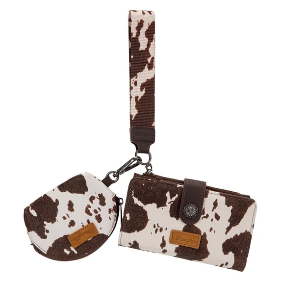 Wrangler Keychain Wallets Zipper Coin Purse Womens with Cow Print Dual Pouch Wristlet, Coffee