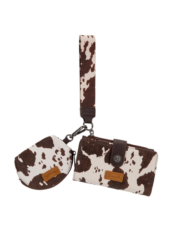 Wrangler Keychain Wallets Zipper Coin Purse Womens with Cow Print Dual Pouch Wristlet, Coffee