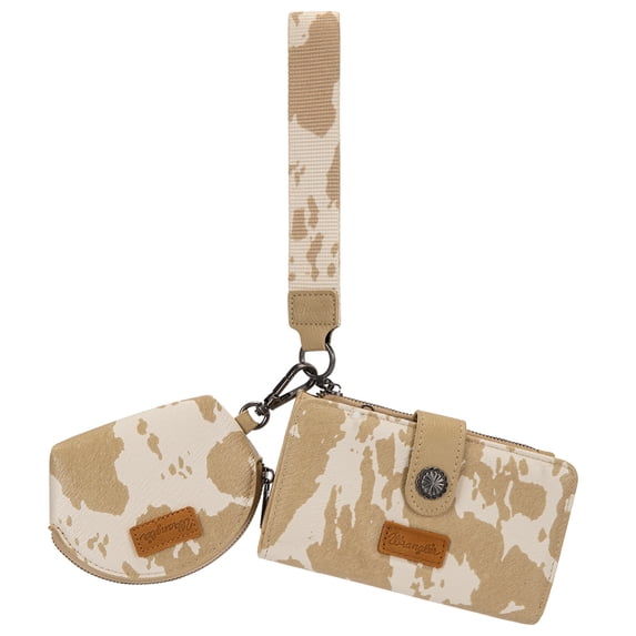 Wrangler Keychain Wallets Zipper Coin Purse Womens with Cow Print Dual Pouch Wristlet, Tan