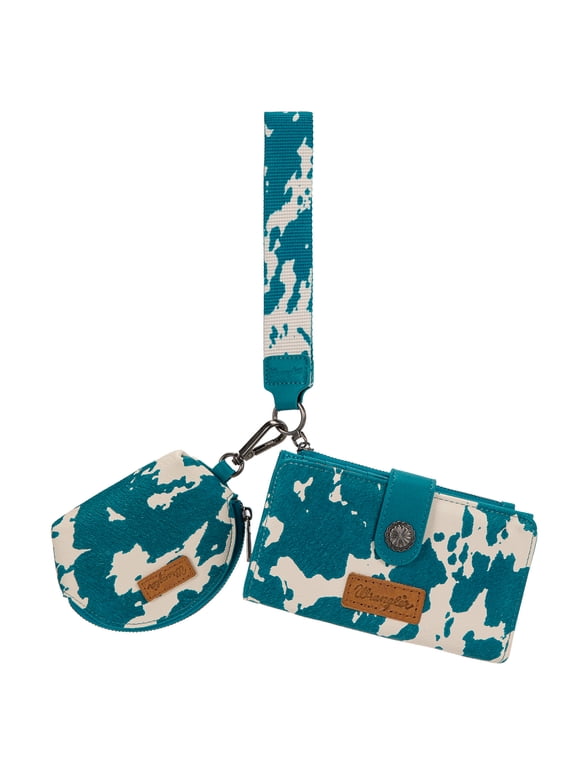 Wrangler Keychain Wallets Zipper Coin Purse Womens with Cow Print Dual Pouch Wristlet, Turquoise