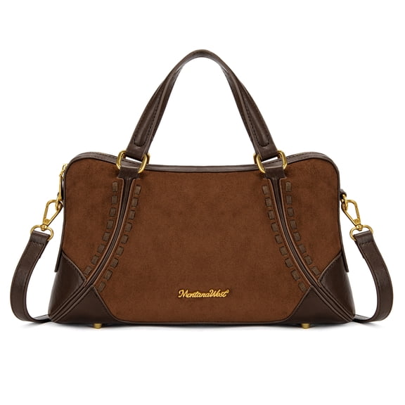 Wrangler Women's Suede Leather Satchel Handbag, Western Style Top-Handle Shoulder Crossbody Bag with Detachable Strap, Coffee