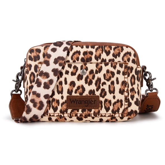 Wrangler Women Crossbody Purse with Wide Strap Trendy Shoulder Camera Bag, Leopard Brown