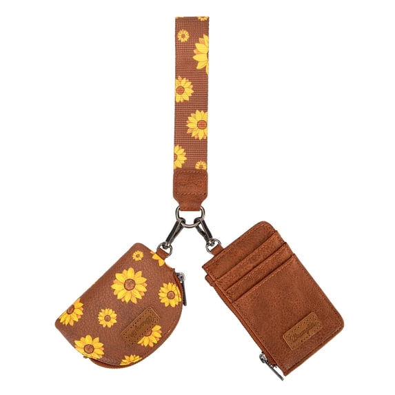 Wrangler KeyChain Wristlet Wallets for Women Sunflower Floral Dual Pouch Wristlet Western Credit Card Holder Wallet with Zipper Pocket, Brown