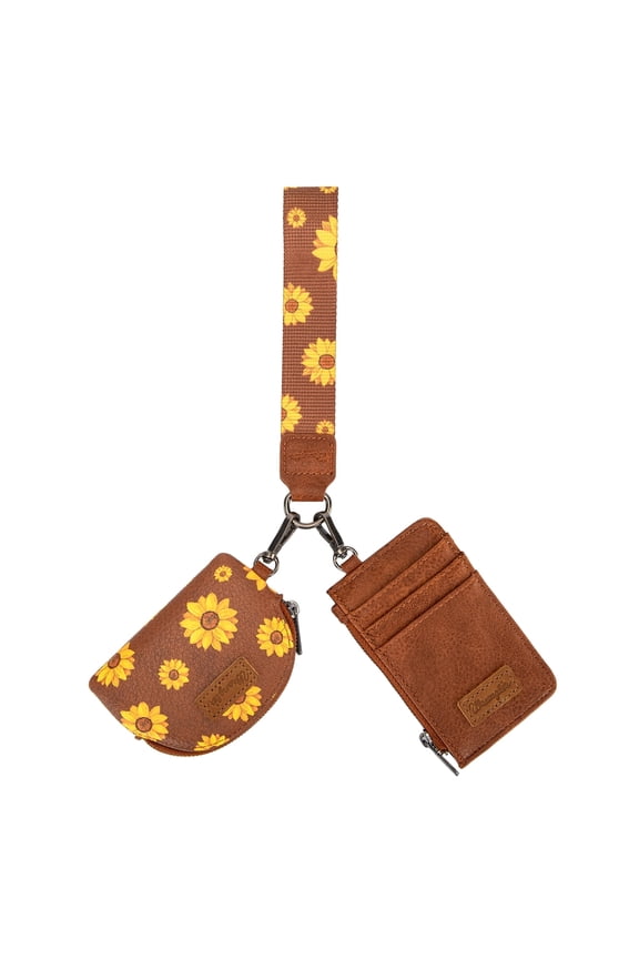 Wrangler KeyChain Wristlet Wallets for Women Sunflower Floral Dual Pouch Wristlet Western Credit Card Holder Wallet with Zipper Pocket, Brown