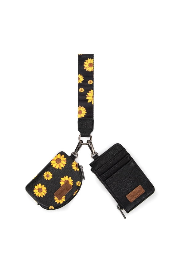 Wrangler KeyChain Wristlet Wallets for Women Sunflower Floral Dual Pouch Wristlet Western Credit Card Holder Wallet with Zipper Pocket, Black