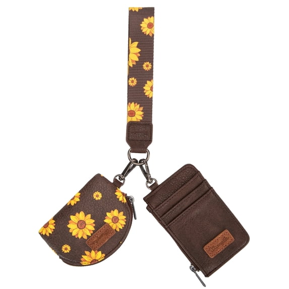 Wrangler KeyChain Wristlet Wallets for Women Sunflower Floral Dual Pouch Wristlet Western Credit Card Holder Wallet with Zipper Pocket, Coffee