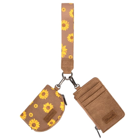 Wrangler KeyChain Wristlet Wallets for Women Sunflower Floral Dual Pouch Wristlet Western Credit Card Holder Wallet with Zipper Pocket, Khaki