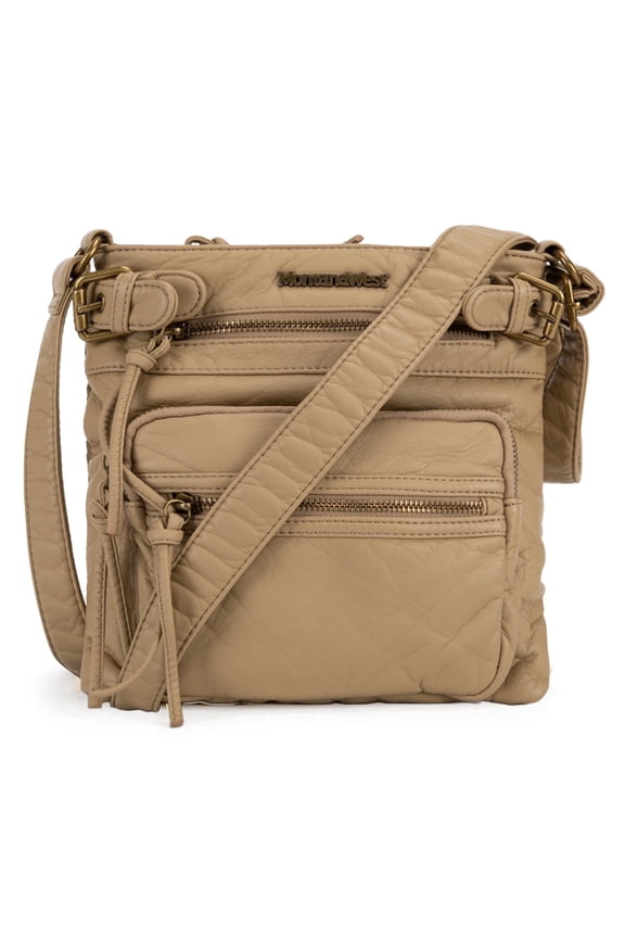 Crossbody Bag for Women Multi Pocket Shoulder Bags Medium Travel Purses Ultra Soft Washed Leather, Beige
