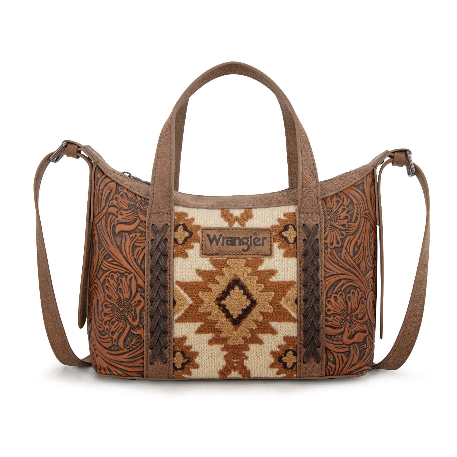 Wrangler Tooled Aztec Small Crossbody Handbag for Women Stylish Handle Bag Designer Top-Handle Crossbody Bags, Brown