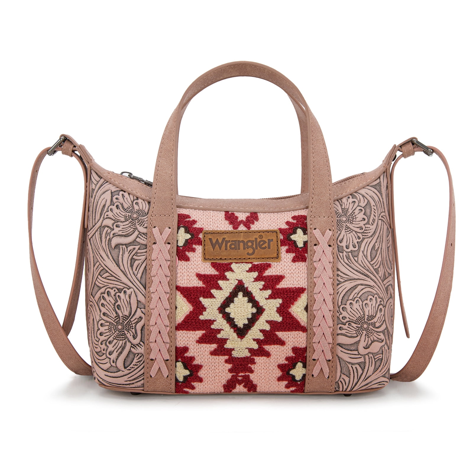 Wrangler Tooled Aztec Small Crossbody Handbag for Women Stylish Handle Bag Designer Top-Handle Crossbody Bags, Dark Pink