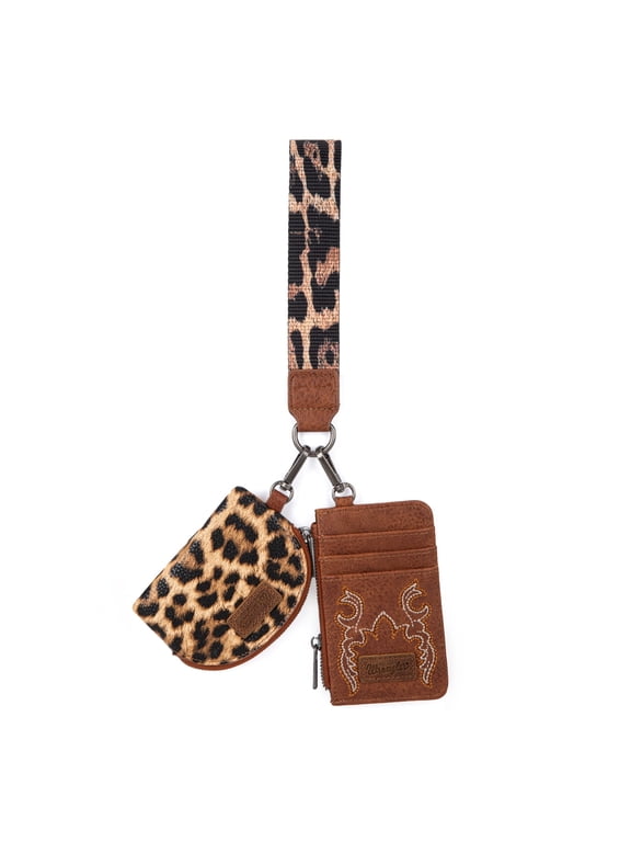 Wrangler Women's Western Dual Pouch Wristlet Wallet - Stylish Keychain Credit Card Holder, Leopard