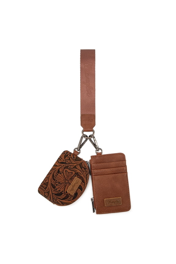 Wrangler Women's Western Dual Pouch Keychain Wristlet Wallet Embroidered Boot Scroll Design with Zipper Card Holder, Brown