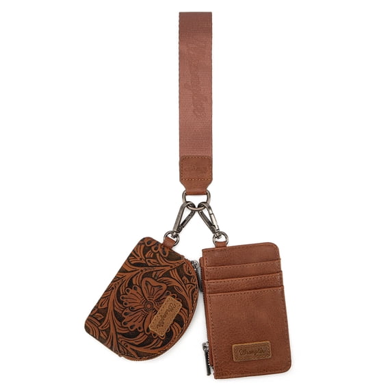 Wrangler Women's Western Dual Pouch Keychain Wristlet Wallet Embroidered Boot Scroll Design with Zipper Card Holder, Brown