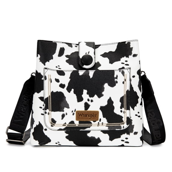 Wrangler Western Women Crossbody Bucket Purse Large Leather Shoulder Bag with Adjustable Strap, COW-Black