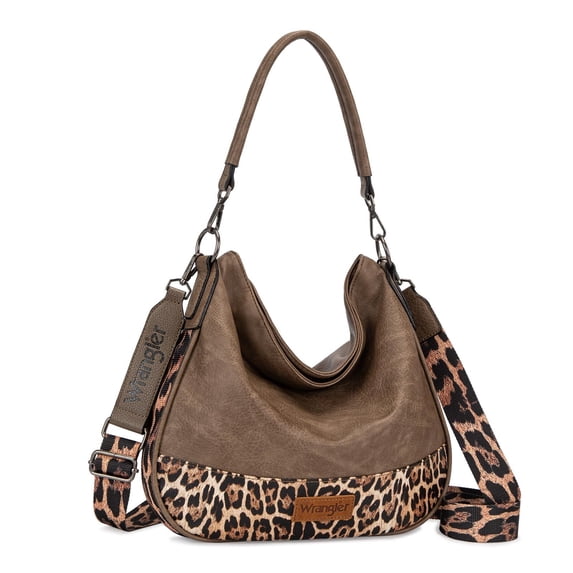 Wrangler Hobo Bags Large Crossbody Bags for Women Shoulder Purses with Striped Cotton Straps, Leopard-Dark Khaki