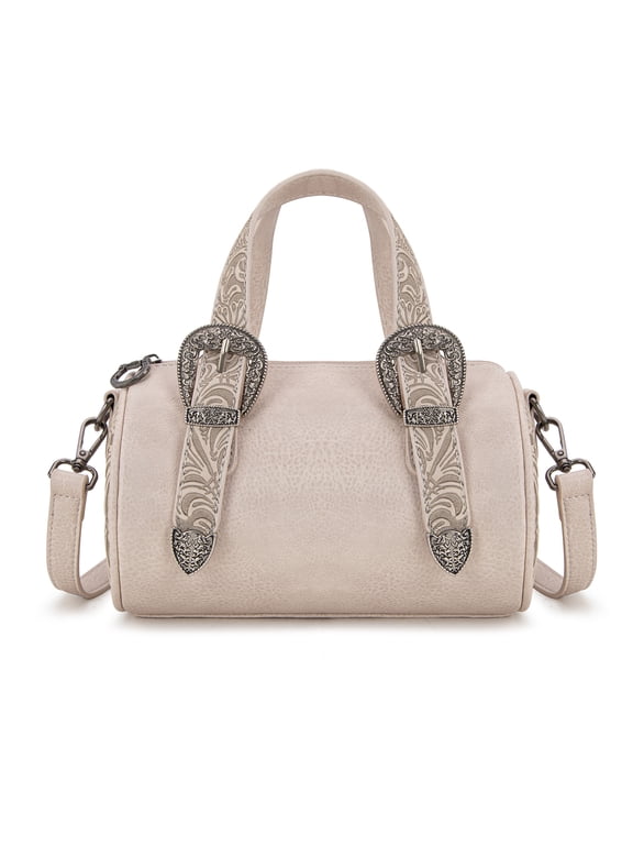 Mini Barrel Crossbody Bag Western Tooled Design with Buckle, Beige