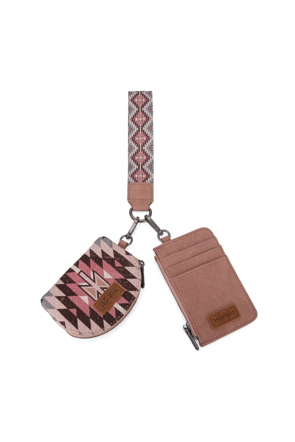 Wrangler Aztec Keychain Wristlet Wallets for Women Western Dual Pouch Wristlet Credit Card Holder Wallet with Zipper Pocket, Angel-Dark Pink