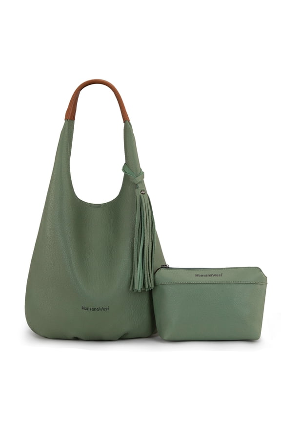 Slouchy Hobo Bags for Women 2PCS Tassels Handbags Shoulder Bag Set with Comestic Bag, Green