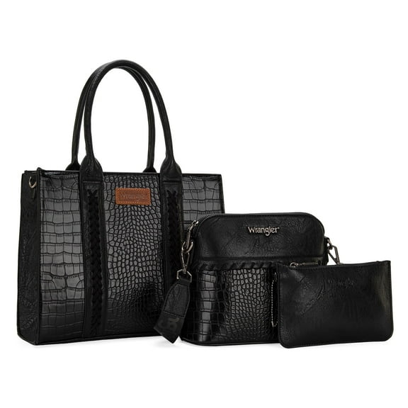 Wrangler 3Pcs Handbags Set Tote Bag & Medium Crossbody Purse & Wallet, Crocodile-Black