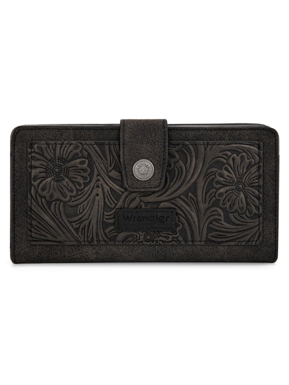 Wrangler Women's RFID Bifold Wallet - Large Western Tooling Flower Design, Card Case & Cash Organizer, Stylish Travel Clutch for Ladies, Black