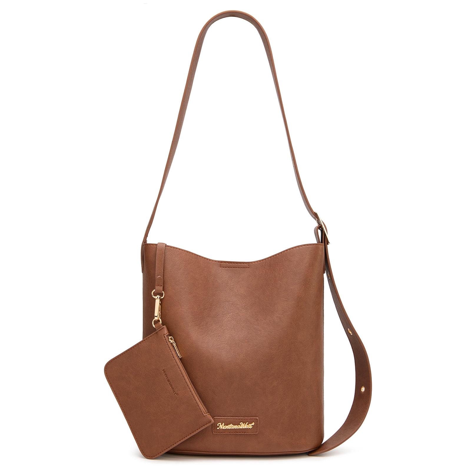 Montana West Medium Hobo Shoulder Bag for Women, 2PCS Slouchy Crossbody Purse with Zipper Pouch, Casual Bucket Handbag, Brown