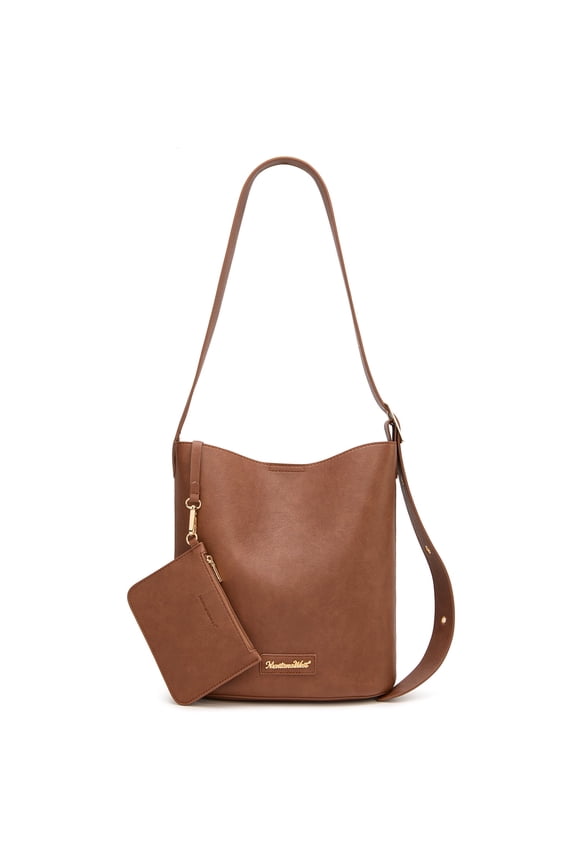 Medium Hobo Shoulder Bag for Women, 2PCS Slouchy Crossbody Purse with Zipper Pouch, Casual Bucket Handbag, Brown