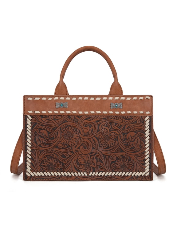 Vintage Western Handbag Exquisite Tooling, Unique Prints & Whipstitch Craftsmanship, Brown