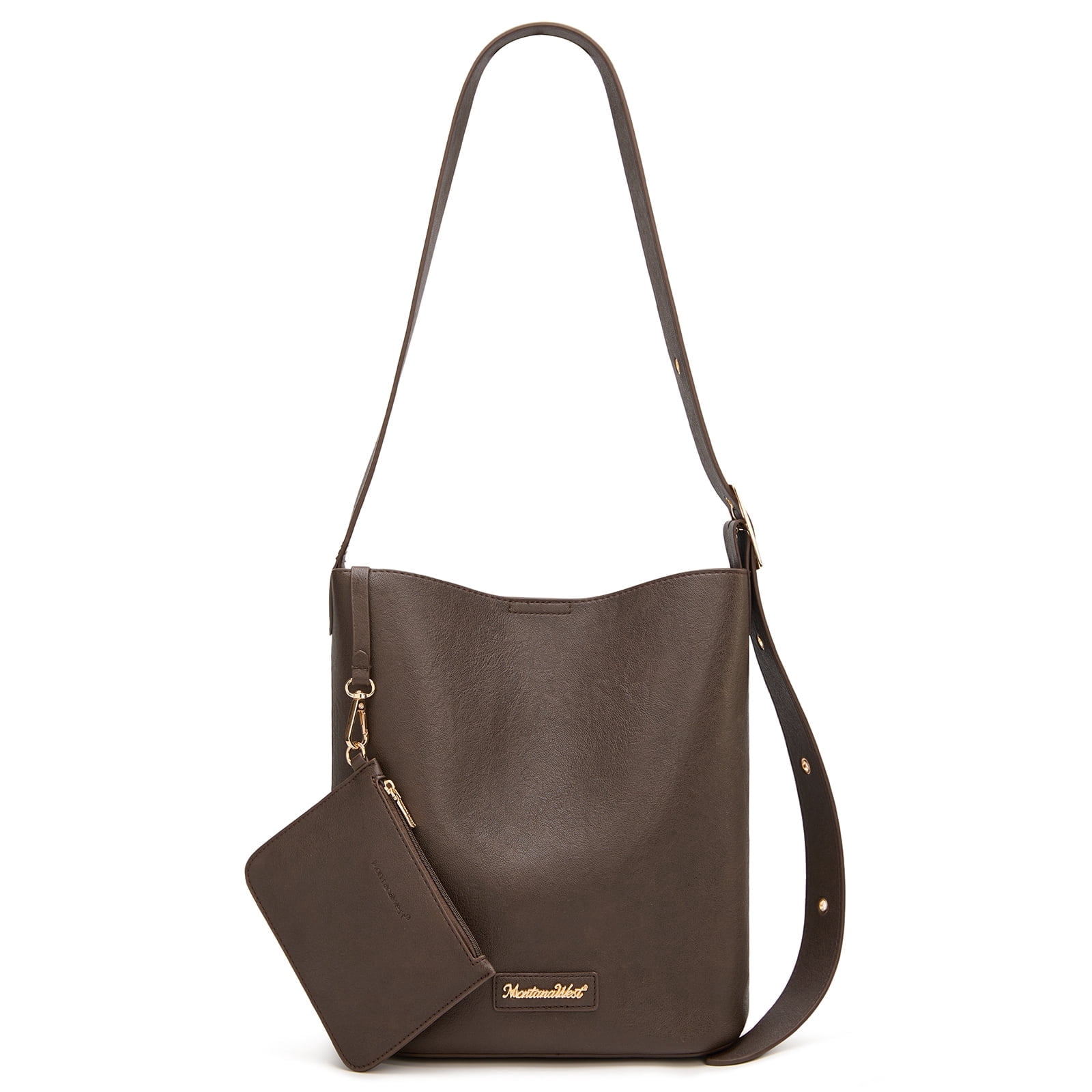 Montana West Medium Hobo Shoulder Bag for Women, 2PCS Slouchy Crossbody Purse with Zipper Pouch, Casual Bucket Handbag, Coffee