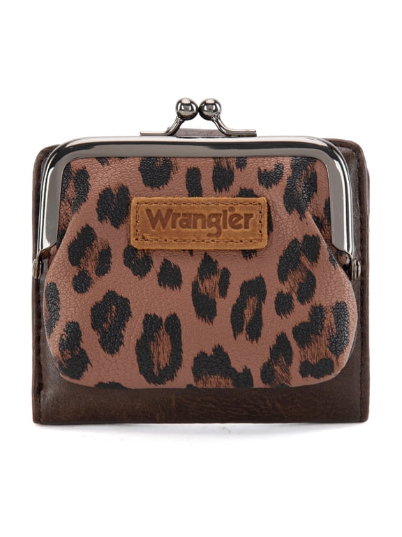 Wrangler Women's RFID-Blocking Leopard Print Wallet - Compact Bifold Credit Card Holder with Kiss Clasp, Coffee
