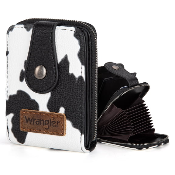 Wrangler Cow Print Wallet Women Small Credit Card Holder with Rfid Blocking Zip Credit Card Case,Compact & Easy to Carry Gifts for Women, Cow-Black