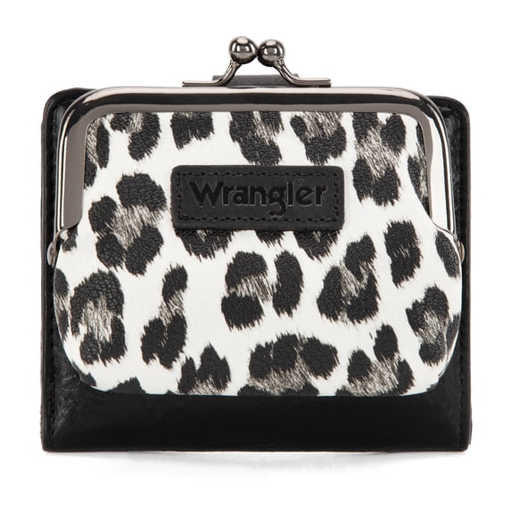Montana West Wrangler Women's RFID-Blocking Leopard Print Wallet - Compact Bifold Credit Card Holder with Kiss Clasp, Black