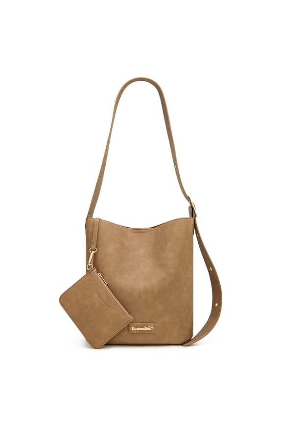 Medium Hobo Shoulder Bag for Women, 2PCS Slouchy Crossbody Purse with Zipper Pouch, Casual Bucket Handbag, Camel