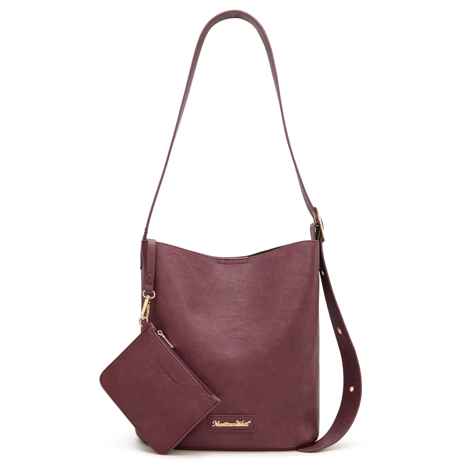 Montana West Medium Hobo Shoulder Bag for Women, 2PCS Slouchy Crossbody Purse with Zipper Pouch, Casual Bucket Handbag, Burgundy