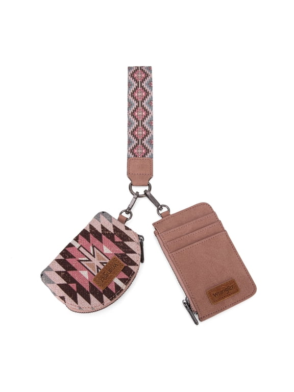 Wrangler Aztec Keychain Wristlet Wallets for Women Western Dual Pouch Wristlet Credit Card Holder Wallet with Zipper Pocket, Angel-Dark Pink