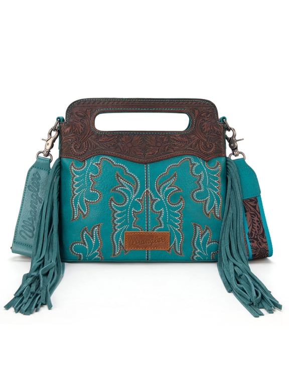 Wrangler Top Handle Bag for Women Embroidered Fringe Western Crossbody Purse, Turquoise