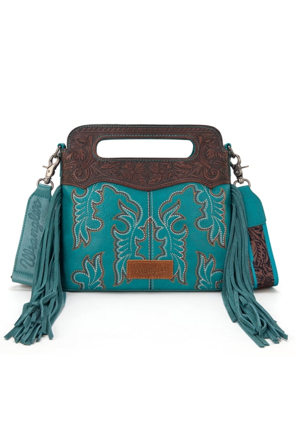 Wrangler Top Handle Bag for Women Embroidered Fringe Western Crossbody Purse, Turquoise