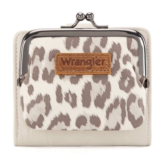 Montana West Wrangler Women's RFID-Blocking Leopard Print Wallet - Compact Bifold Credit Card Holder with Kiss Clasp, Beige