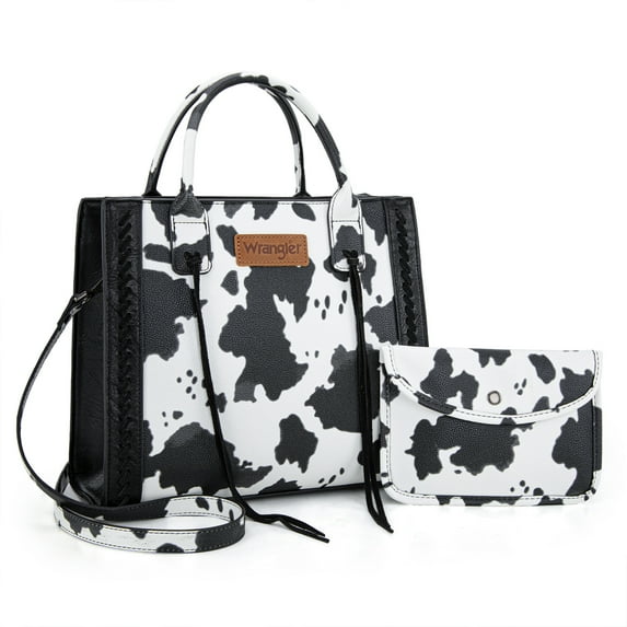 Wrangler Tote Bag for Women Western Cowhide Purse and Wallet Set, COW-Black