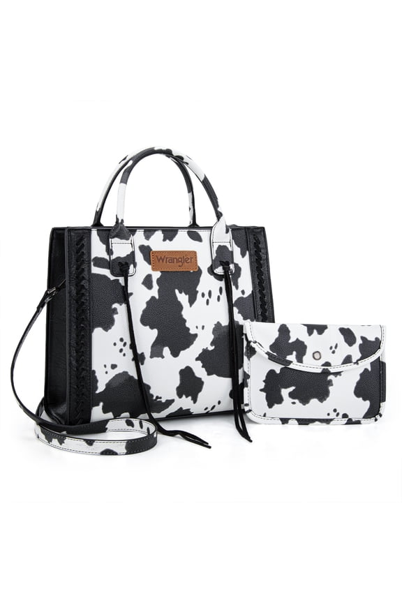 Wrangler Tote Bag for Women Western Cowhide Purse and Wallet Set, COW-Black