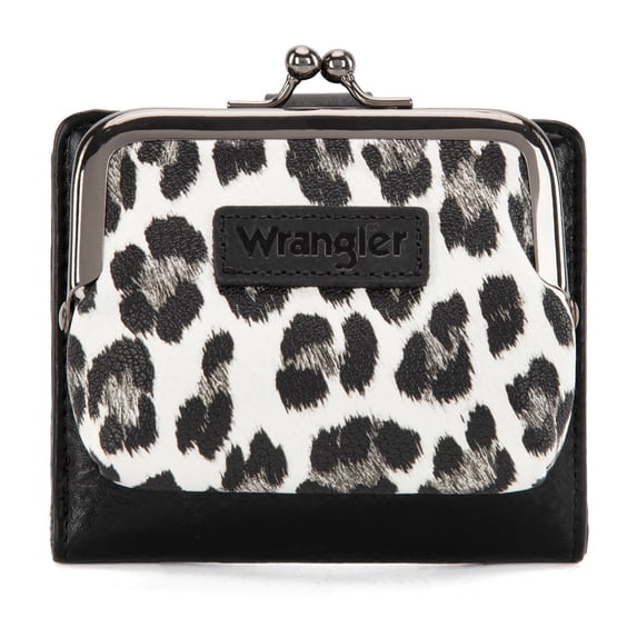 Montana West Wrangler Women's RFID-Blocking Leopard Print Wallet - Compact Bifold Credit Card Holder with Kiss Clasp, Black