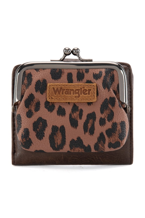 Wrangler Women's RFID-Blocking Leopard Print Wallet - Compact Bifold Credit Card Holder with Kiss Clasp, Coffee