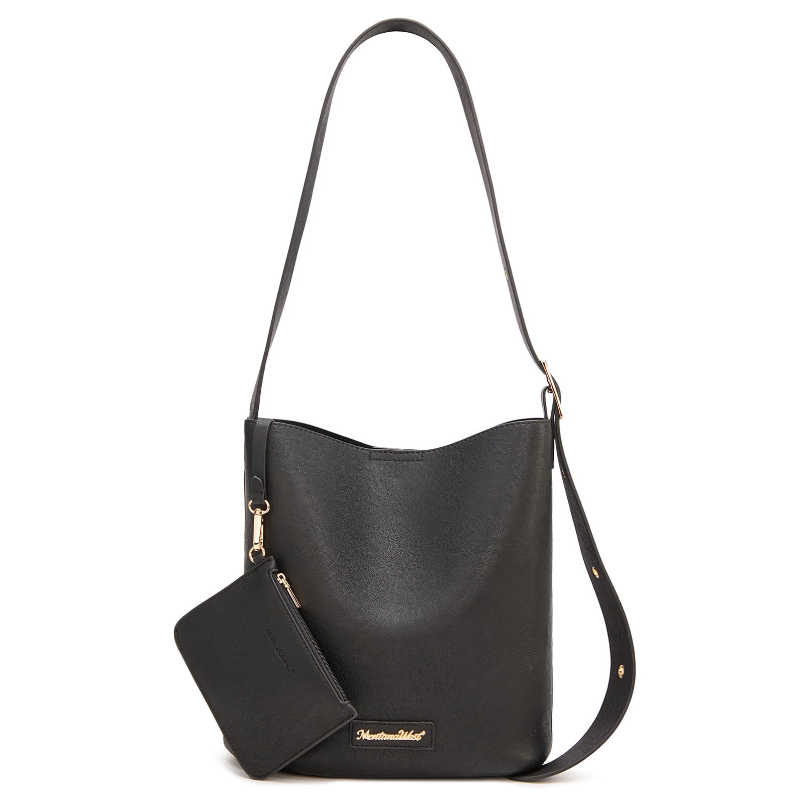 Montana West Medium Hobo Shoulder Bag for Women, 2PCS Slouchy Crossbody Purse with Zipper Pouch, Casual Bucket Handbag, Black