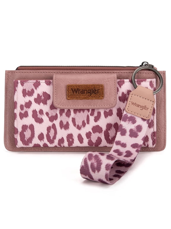 Wrangler Wristlet Wallet for Women with Phone Slot & RFID Protection & Smooth Zipper, Leopard-Pink